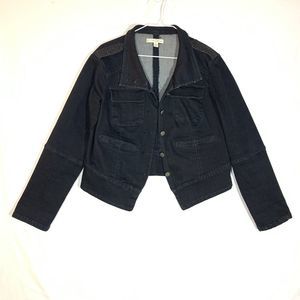 EST. 1946 Denim Jacket Womens Medium Dark Wash Rhinestone Shoulder Tabs Stretch